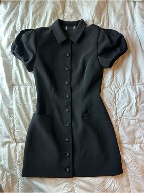Black Puff Sleeve Button-Front Dress